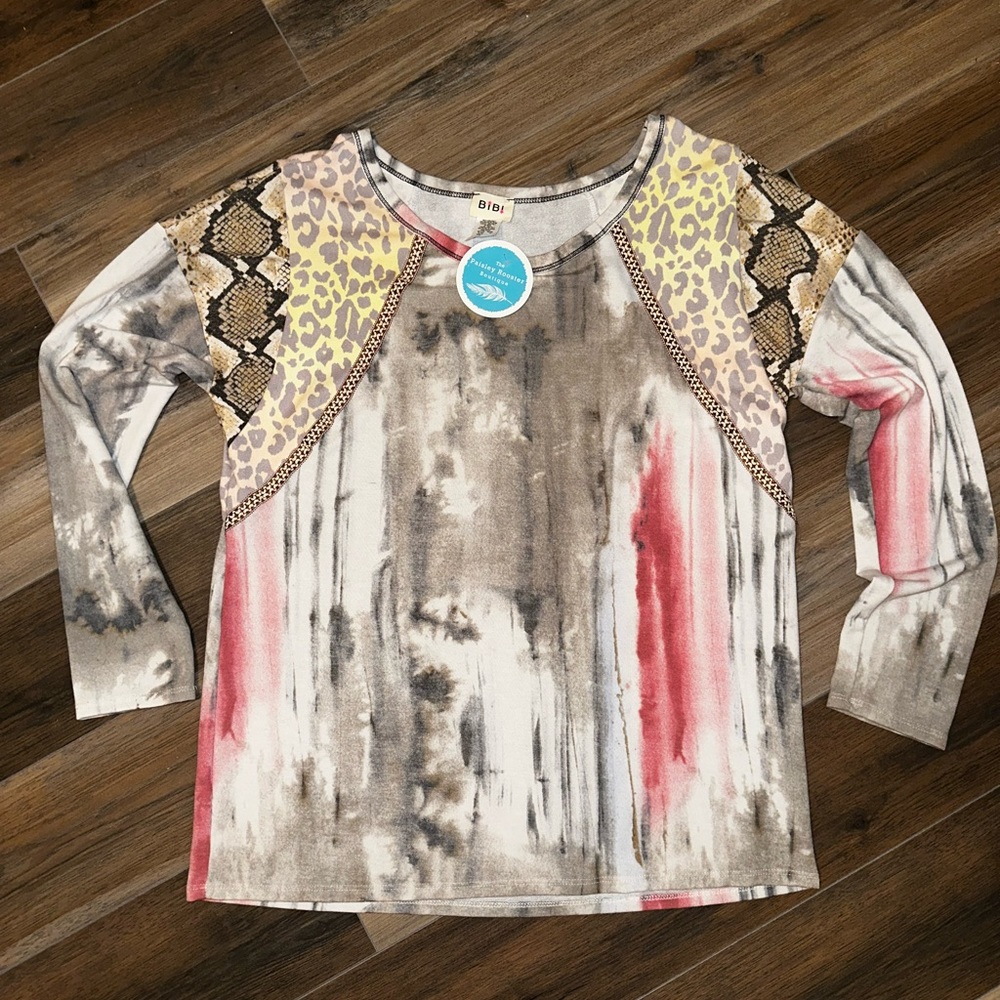BiBi Multicolor Animal Print Pullover Sweatshirt - Taupe, Pink, Yellow